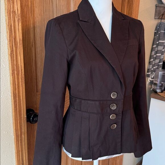 BANDOLINO Stretch 2000s Chocolate Brown PleatedPeplum Jacket Fitted Button Front - Picture 9 of 10